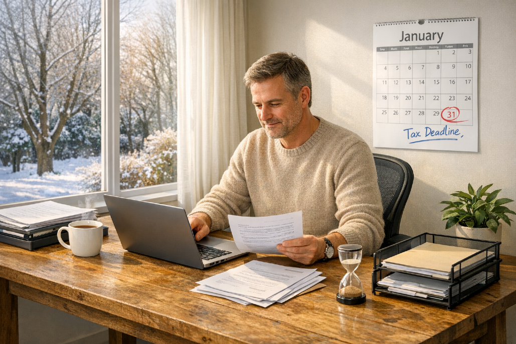 Self-assessment filing deadline, Ticking clock, papers pile high, Deep breath, taxes done