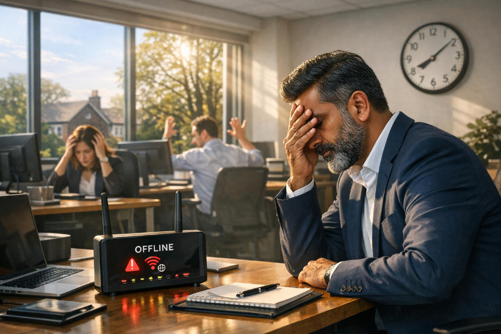 Business router fails, Connections broken, growth spurned, Success halts